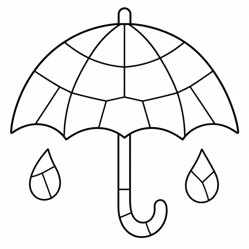 Guarda-chuva aberto com gomos largos de mosaico e duas gotas de chuva