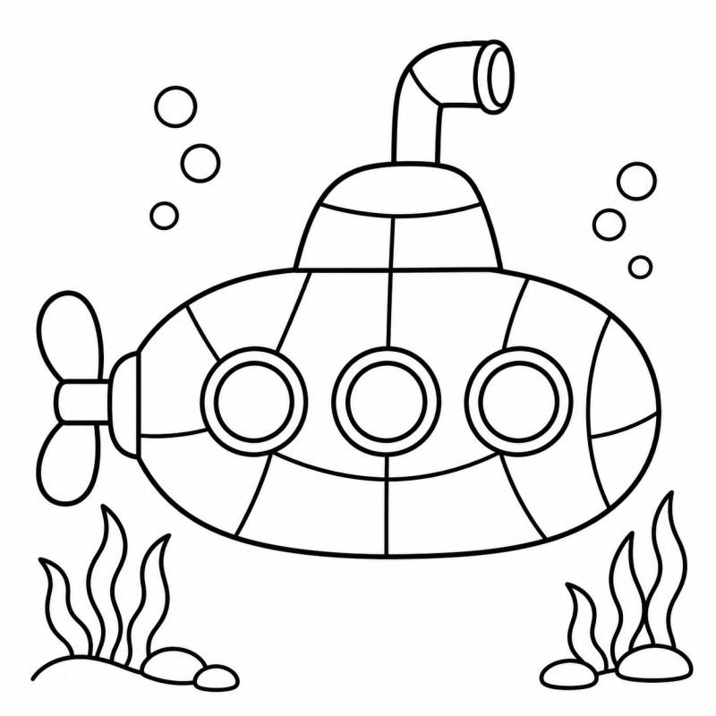 Submarino com três janelas, periscópio e casco em peças de mosaico