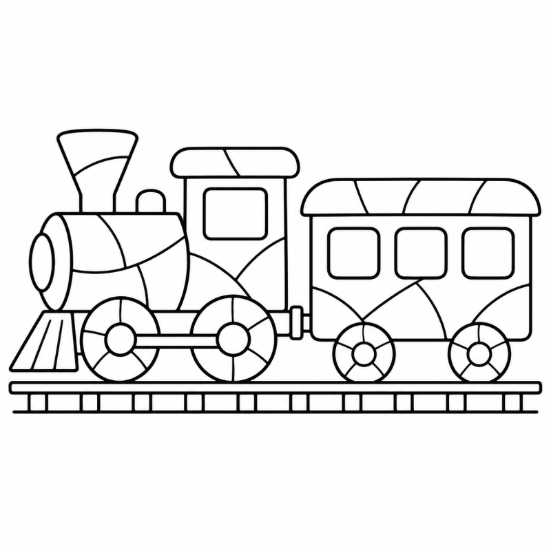 Locomotiva e vagão com carrocerias divididas em partes de mosaico