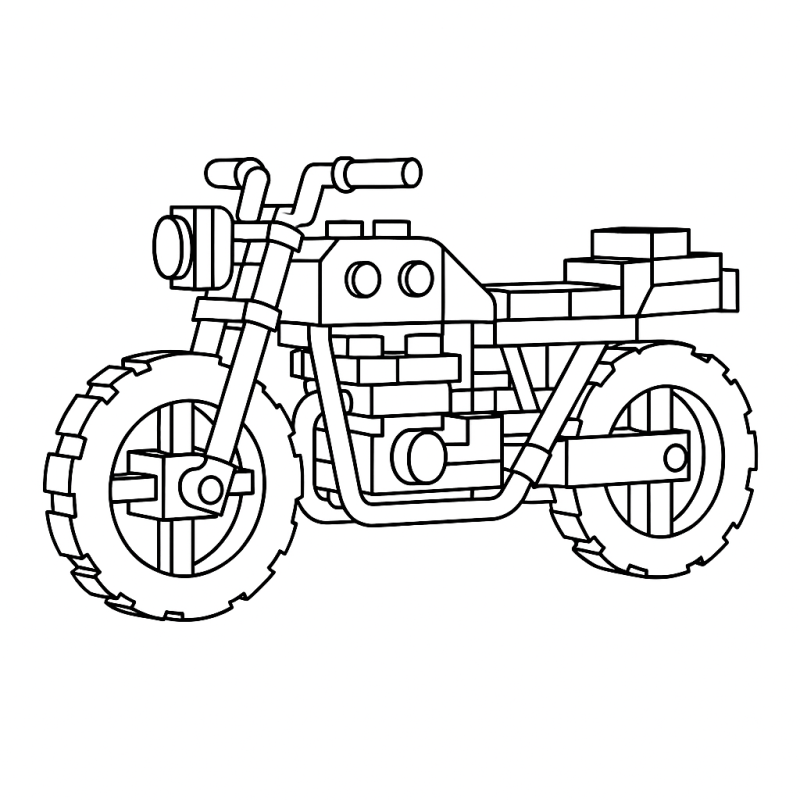 Desenho de uma motocicleta estilizada em line art com blocos, para colorir