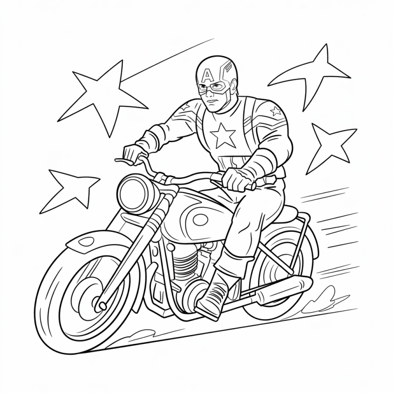 Capitão América em ação sobre motocicleta, pronto para colorir.