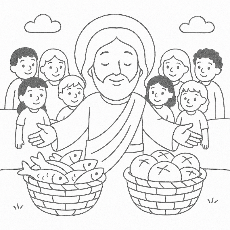 Desenho do milagre da multiplicação dos pães e peixes com Jesus e crianças ao redor