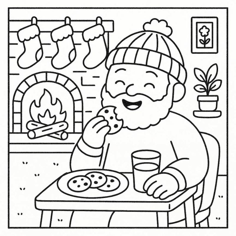 Desenho de cena natalina acolhedora com homem de barba branca comendo biscoitos