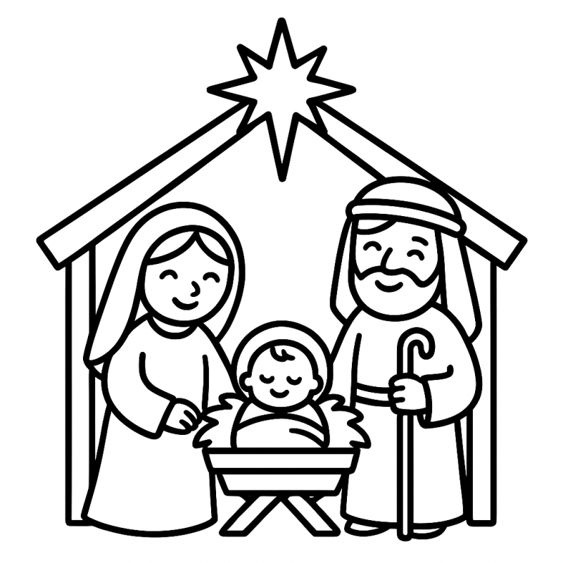 Desenho para colorir do nascimento de Jesus no Natal, ideal para crianças