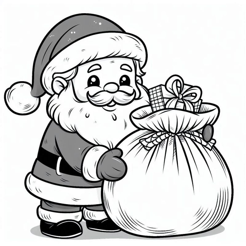 Desenho de um Papai Noel sorrindo no estilo cartoon em preto e branco para colorir
