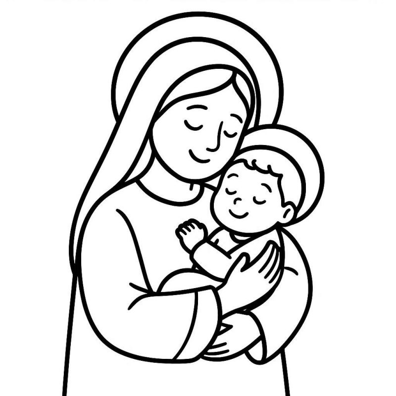 Desenho de Maria segurando Jesus para colorir, ideal para crianças pequenas durante o Natal.