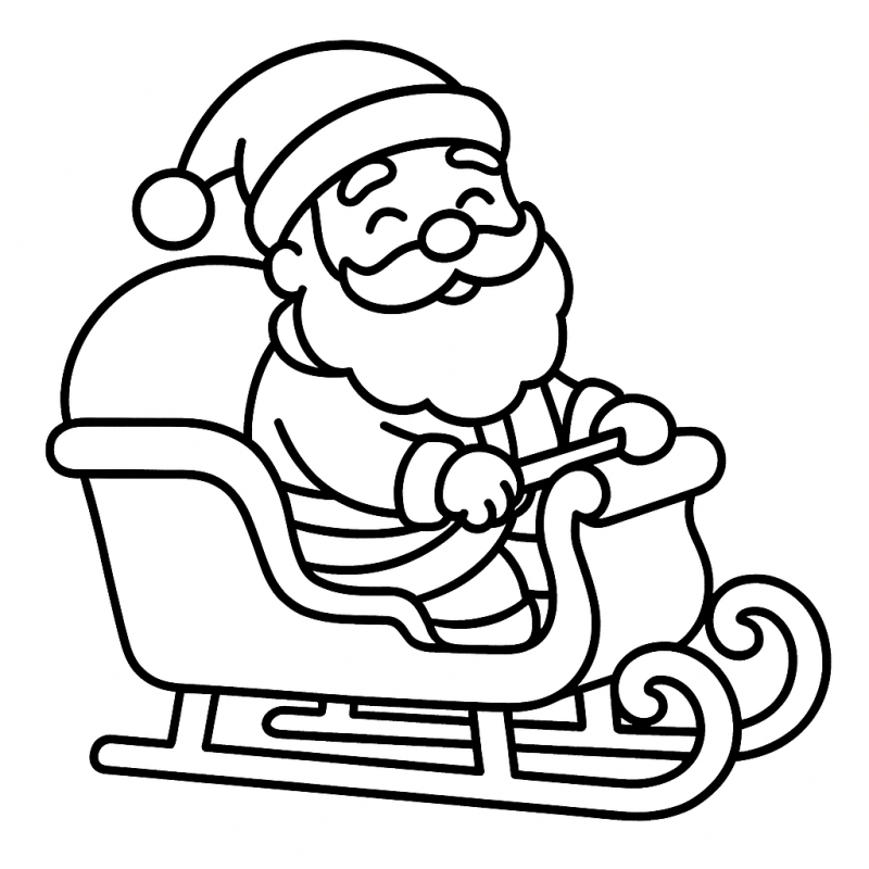 Desenho simples de Papai Noel sentado em um trenó tradicional para crianças colorirem