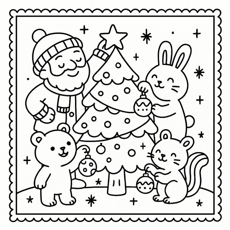 Desenho de Natal fofinho com árvore decorada, Papai Noel, coelhinho, ursinho e esquilo sorridentes