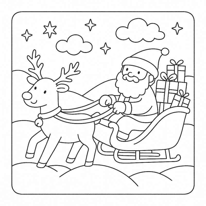 Desenho de Papai Noel em seu trenó, puxado por uma rena sorridente, com presentes, estrelas e neve ao fundo
