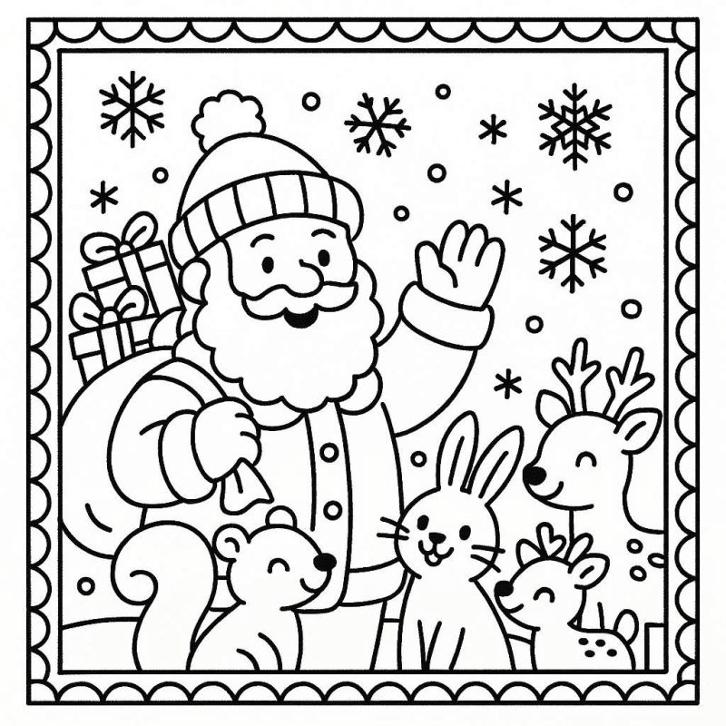 Desenho do Papai Noel com animais da floresta para colorir