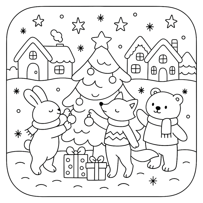 Cena natalina com animais fofos decorando uma árvore de natal