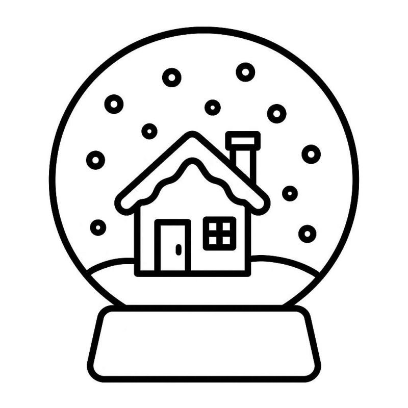 Desenho de globo de neve simples para crianças pequenas colorirem, com casa e neve dentro.