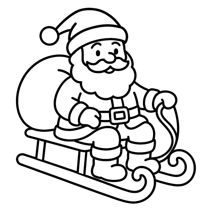 Desenho de Papai Noel alegre sentado no treno, ideal para crianças pequenas colorirem.
