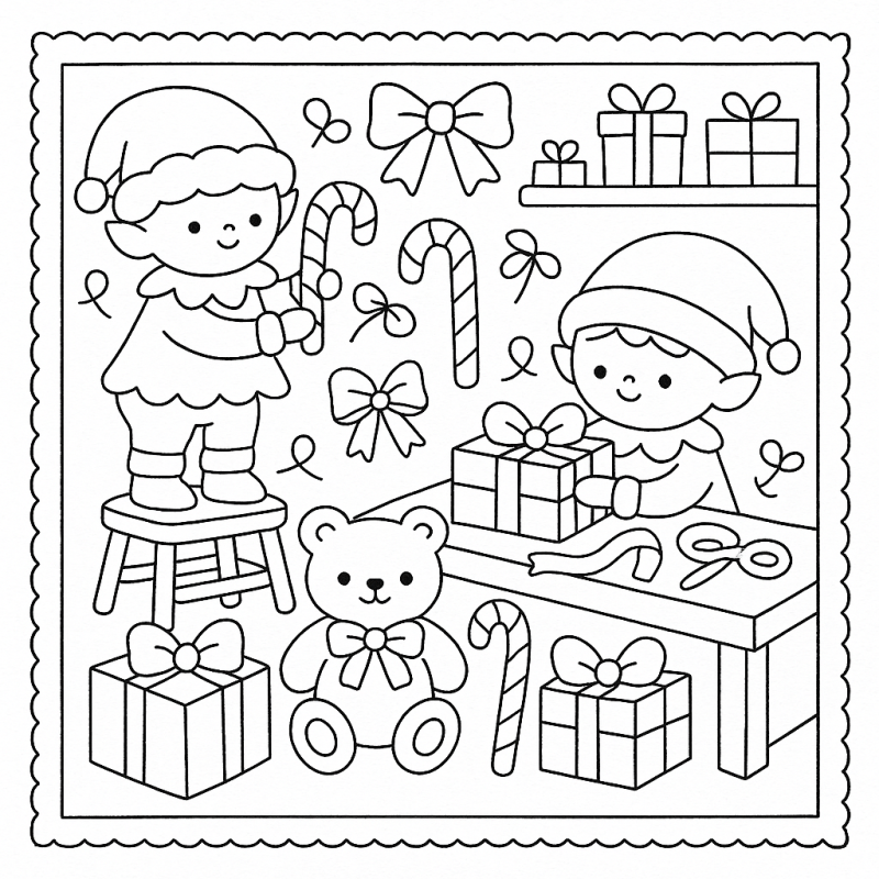 Desenho de elfos natalinos com doces e presentes para colorir
