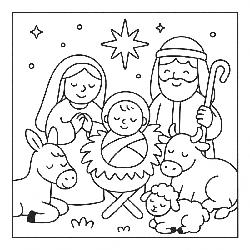 Cena clássica do nascimento de Jesus com Maria, José, e animais em um presépio sob a Estrela de Belém