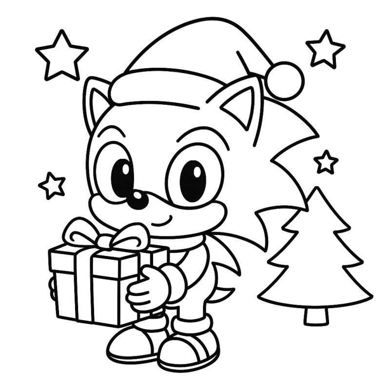 Sonic jovem com chapéu de Natal segurando presente em frente a árvore de Natal para colorir