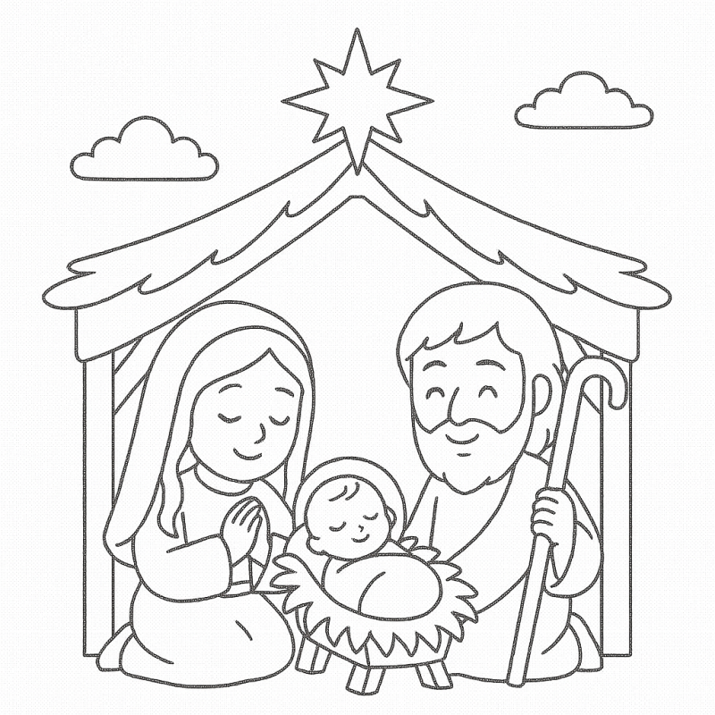 Desenho para colorir da cena da Natividade com bebê Jesus, Maria e José no estábulo.