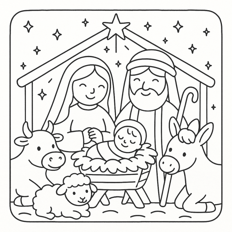 Desenho da Cena Clássica de Natividade para Colorir Desenho de cena clássica de natividade para colorir