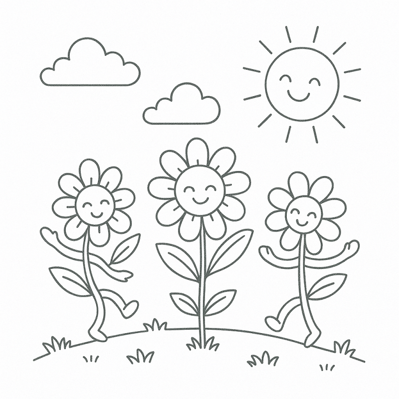 Desenho para colorir de flores sorridentes em um jardim ensolarizado