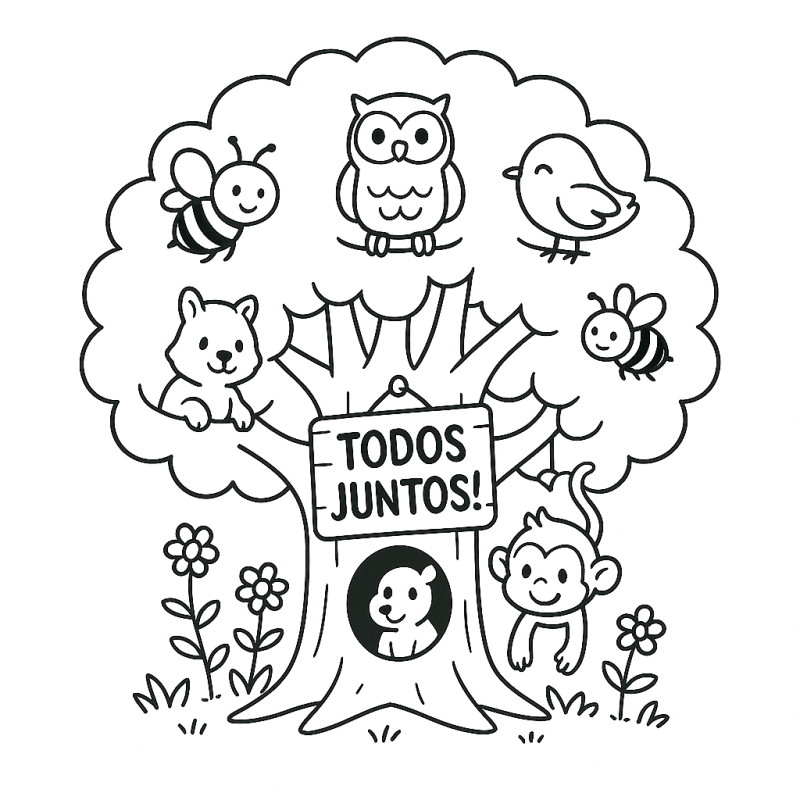 Desenho de árvore com animais para colorir, promovendo união e harmonia.