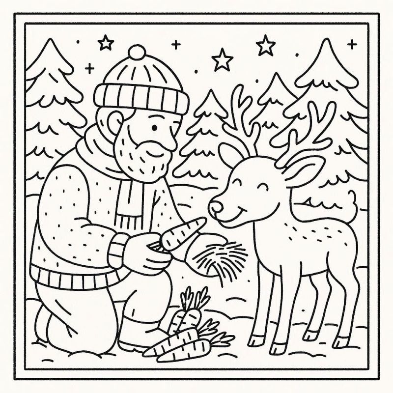 Desenho de Natal com Homem e Rena na Neve