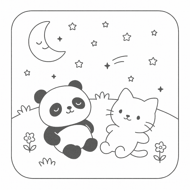 Desenho Boobie Goods: Panda Relaxado e Gatinho Sereno sob Céu Estrelado