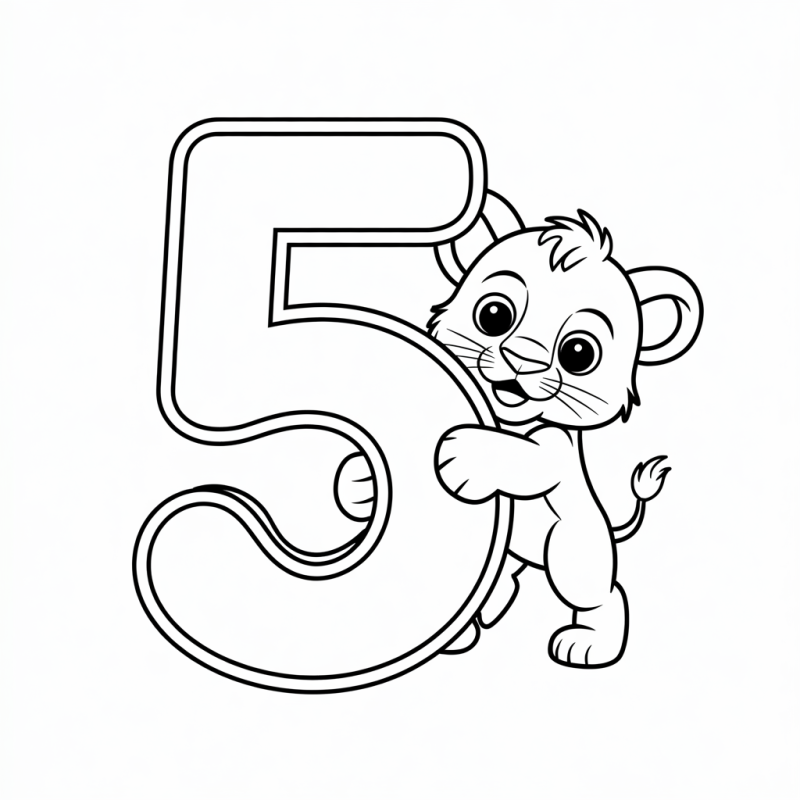 Desenho de número 5 com um filhote de leão para colorir