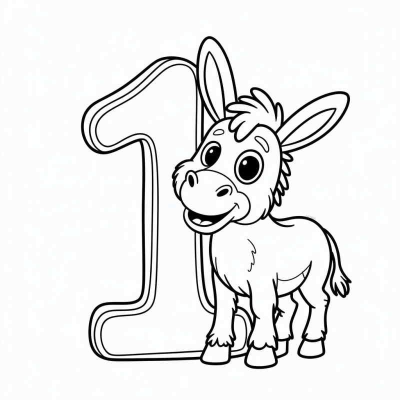 Desenho para colorir do número 1 com um burrinho cartoon sorridente