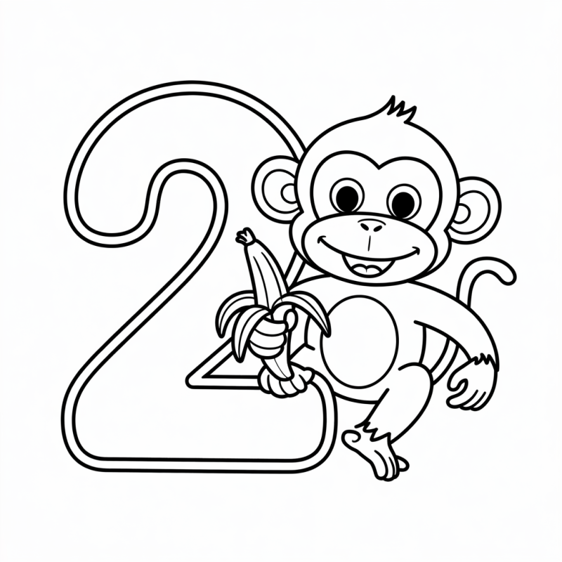 Desenho do número 2 com macaco segurando uma banana para colorir