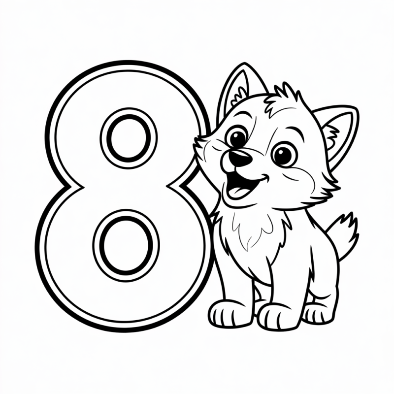 Desenho do número 8 em cartoon com um filhote de lobo fofo