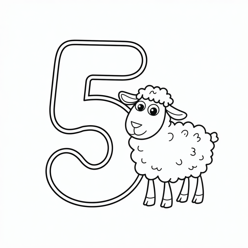 Desenho do numeral 5 e uma ovelha amigável para colorir