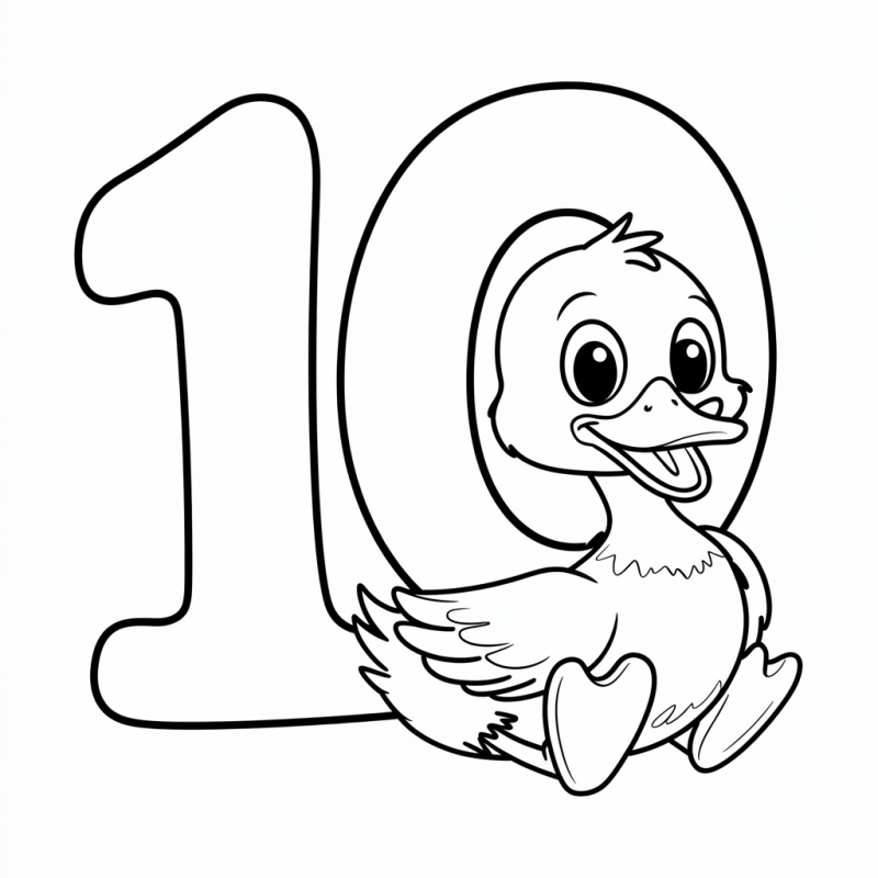 Desenho do número 10 com um pato sorridente pronto para colorir