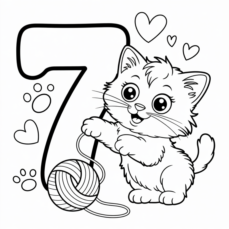 Desenho para colorir com gatinho sorridente e número 7