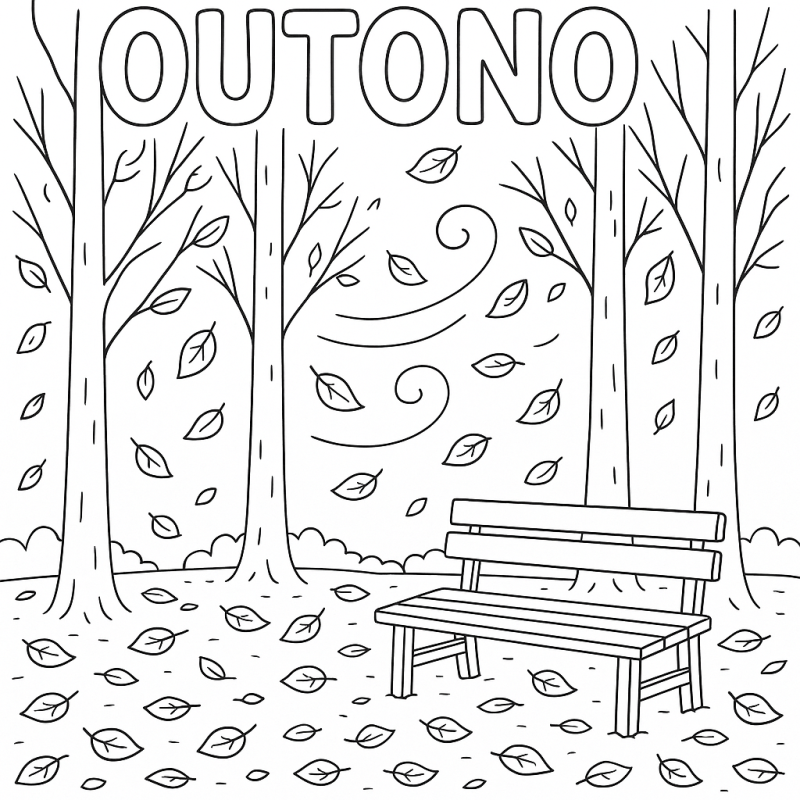 Desenho de Outono para Colorir: Paisagem Ventosa