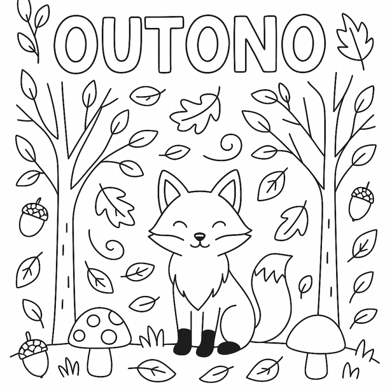 Desenho de Outono com Raposa: Uma Aventura para Colorir