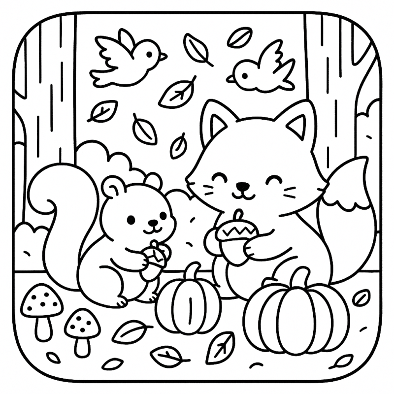 Cenário de Outono com Esquilo e Raposa para Colorir Cenário de outono com esquilo e raposa Boobie Goods para colorir