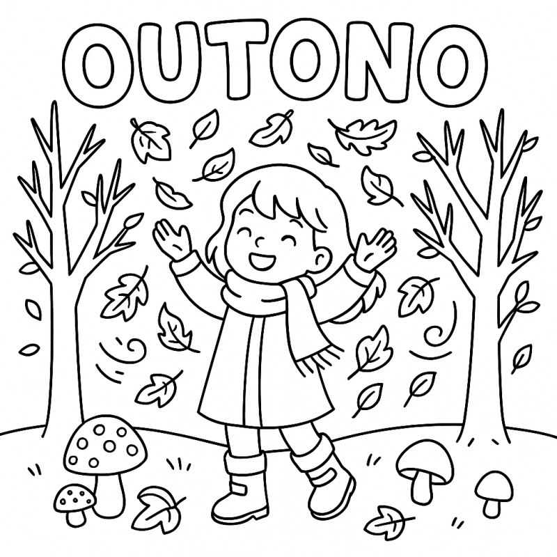 Outono Encantador: Criança e Folhas - Desenho para Colorir