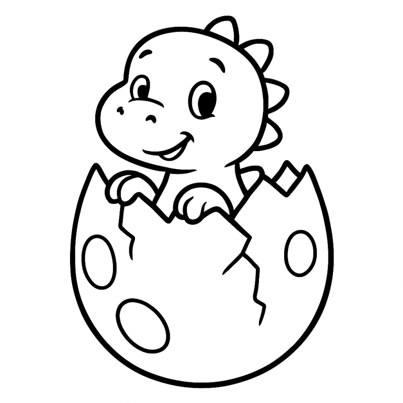 Desenho de um filhote de dinossauro sorridente saindo de um ovo para colorir