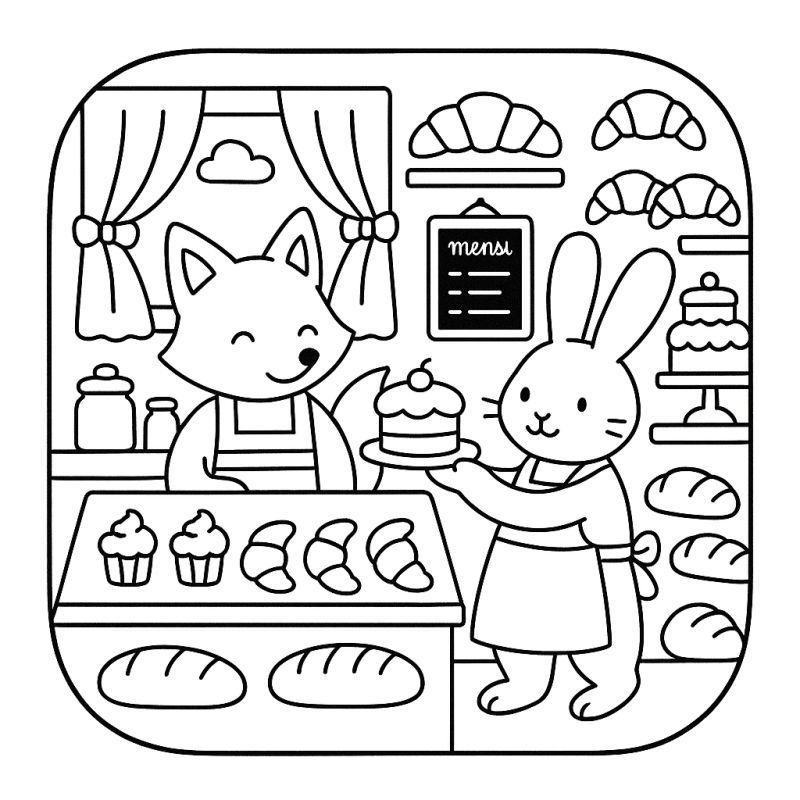 Desenho para Colorir: Raposa e Coelho na Padaria Desenho Boobie Goods de uma padaria com raposa e coelho sorrindo