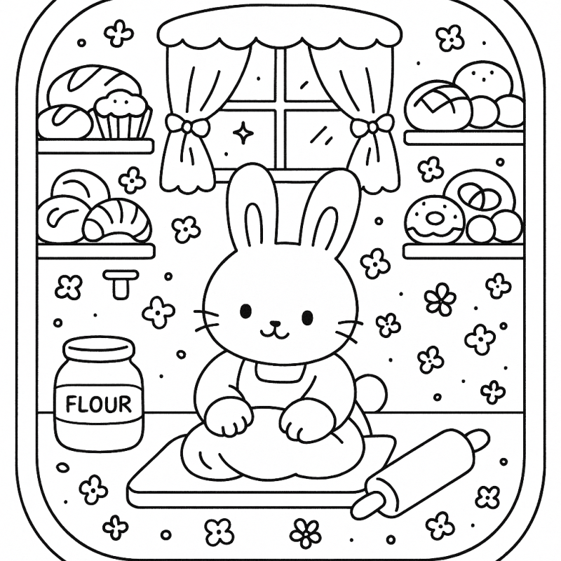 Desenho de uma padaria com coelhinho em estilo Bobbie Goods para colorir.
