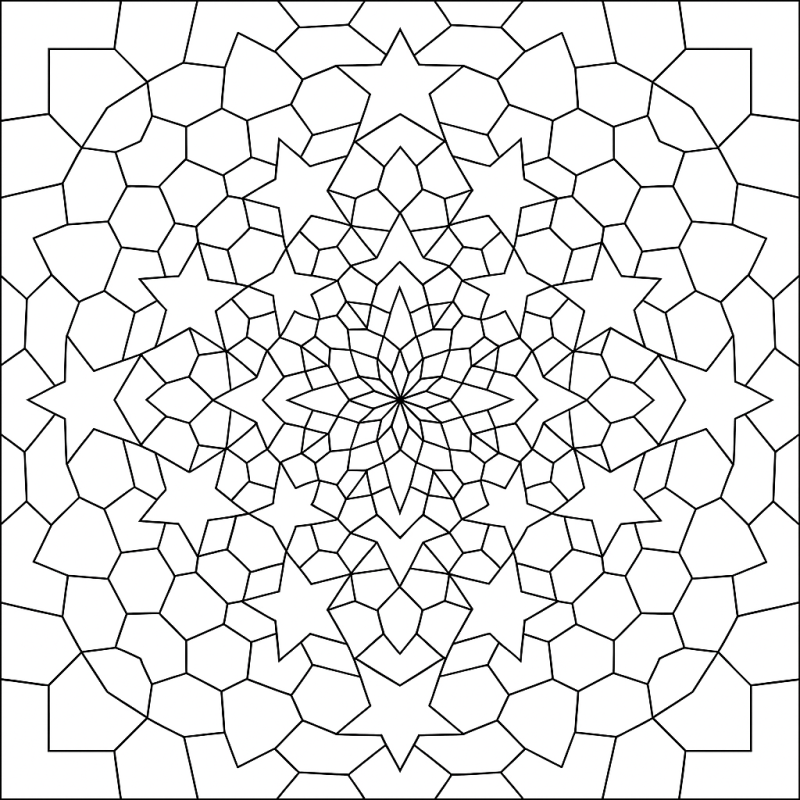 Desenho intricado para colorir com padrão geométrico de estrelas e formas abstratas
