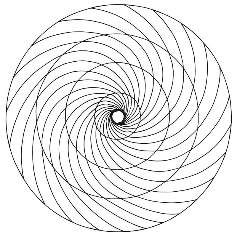 Desenho de padrão geométrico espiral para colorir, com linhas curvas simétricas irradiando do centro.