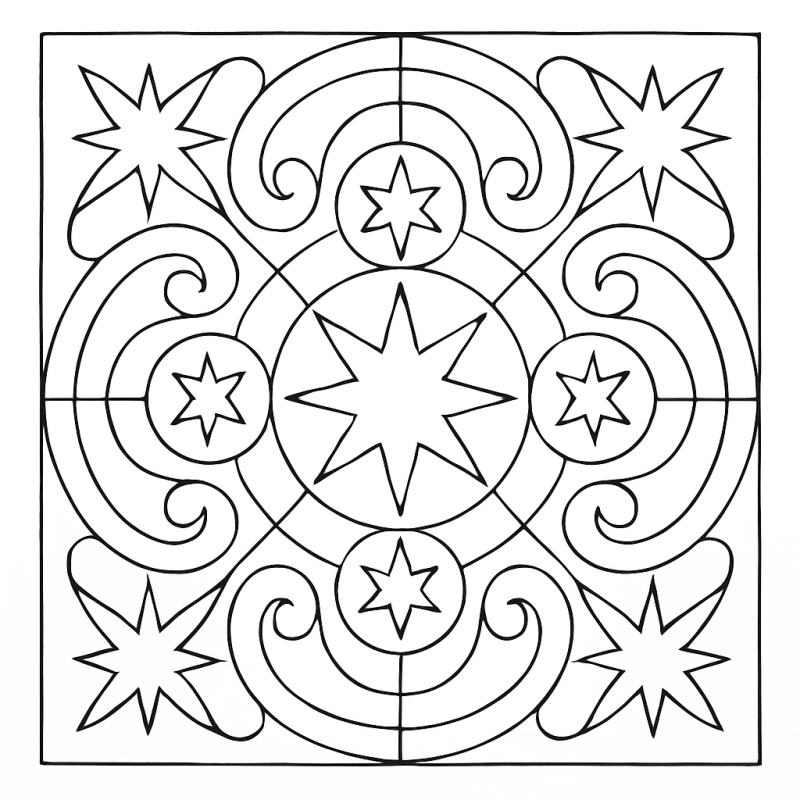 Desenho abstrato e geométrico com estrela no centro e volutas curvas para colorir