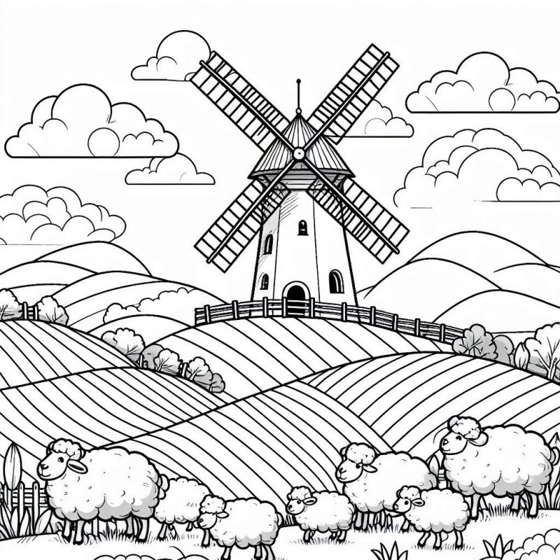 Desenho para colorir de moinho de vento e ovelhas em uma paisagem campestre