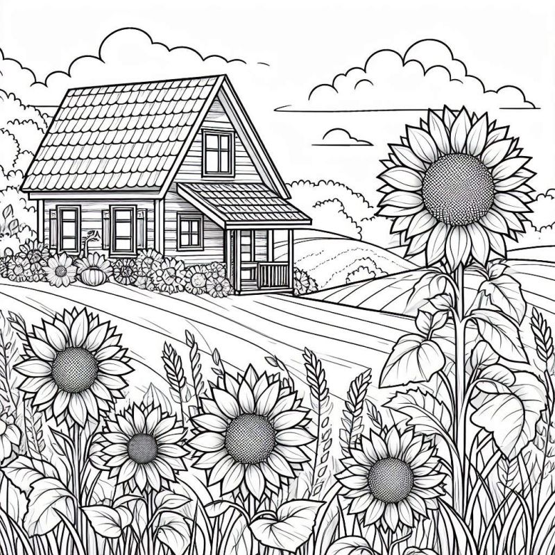 Desenho detalhado de uma paisagem campestre com chalé, girassóis e campo de trigo para colorir