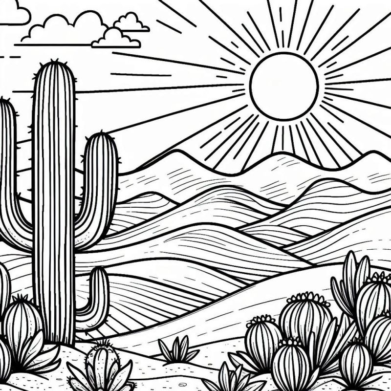 Desenho detalhado de uma paisagem de deserto com cactos, montanhas e sol brilhante.