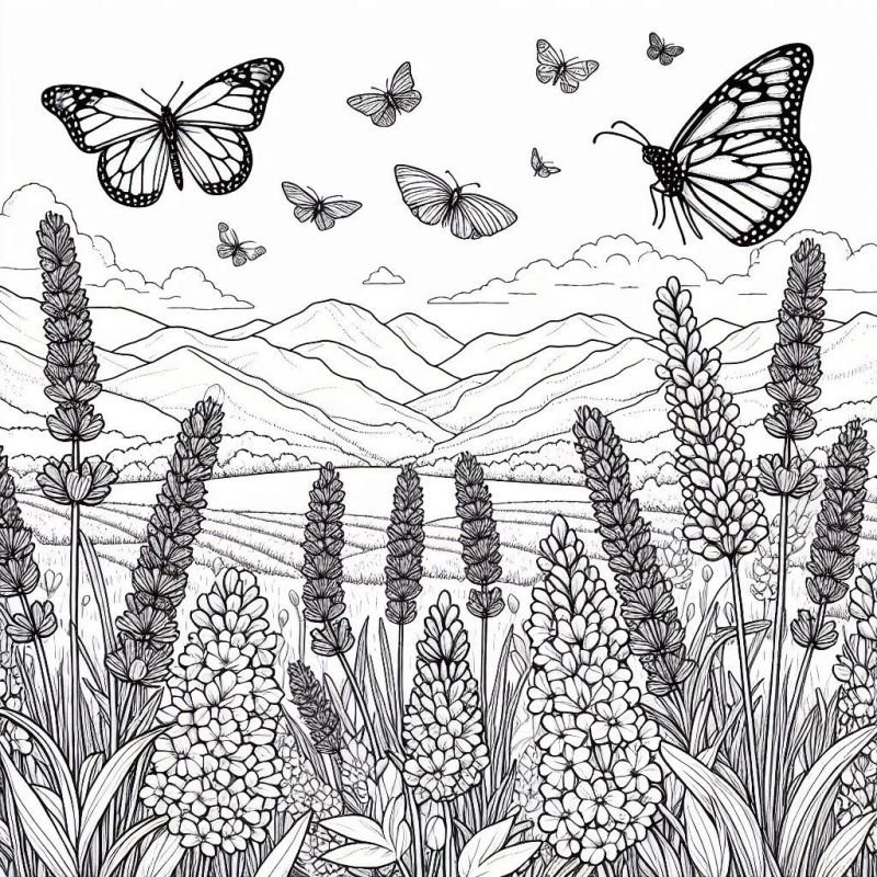 Desenho de paisagem com flores, montanhas e borboletas para colorir