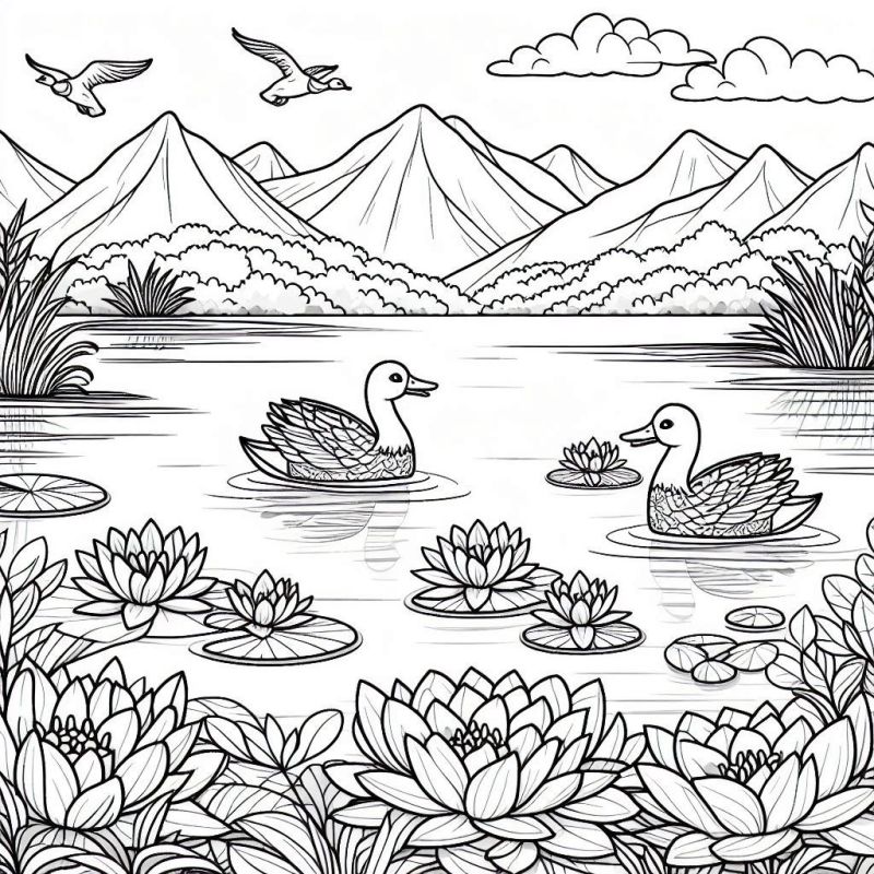 Desenho de paisagem de lago com patos, montanhas e vegetação para colorir