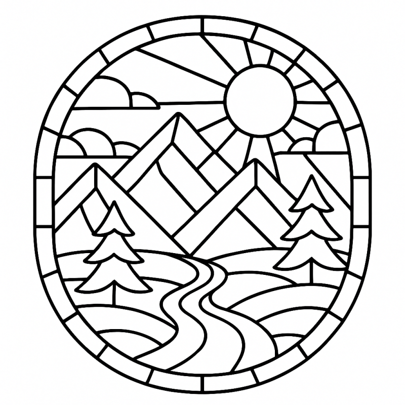 Paisagem em mosaico estilo vitral com montanhas, sol e rio para colorir