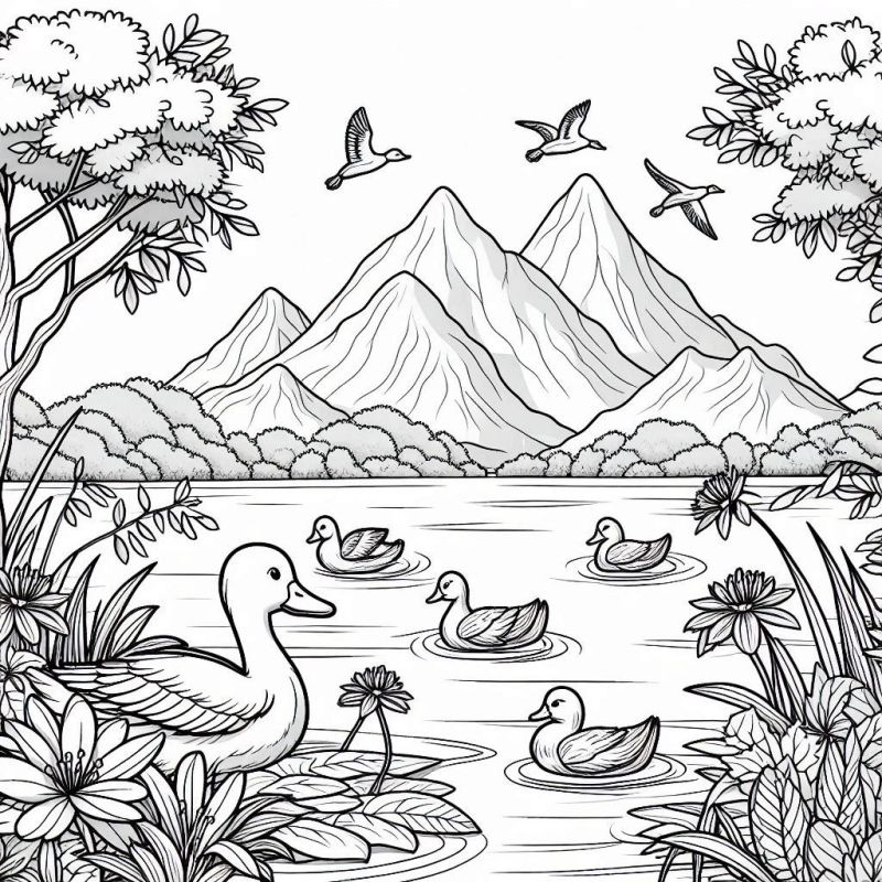 Cena serena de paisagem natural com montanhas, árvores e patos para colorir